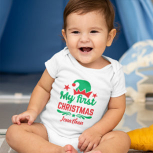 Personalised My First Christmas Red Green Hat Star Baby Bodysuit