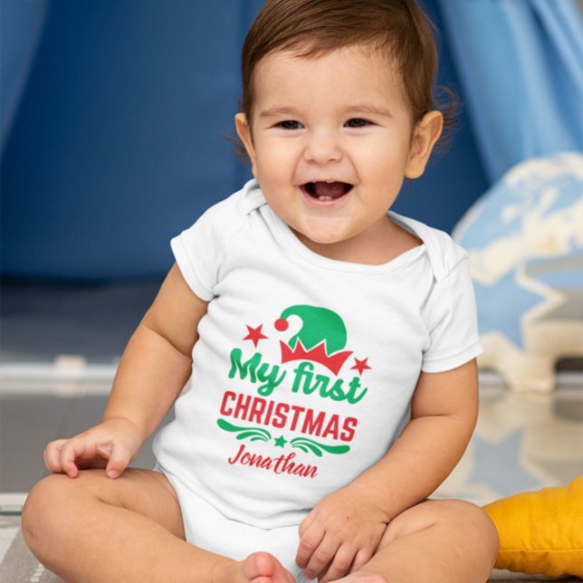 Personalised My First Christmas Red Green Hat Star Baby Bodysuit (Creator Uploaded)