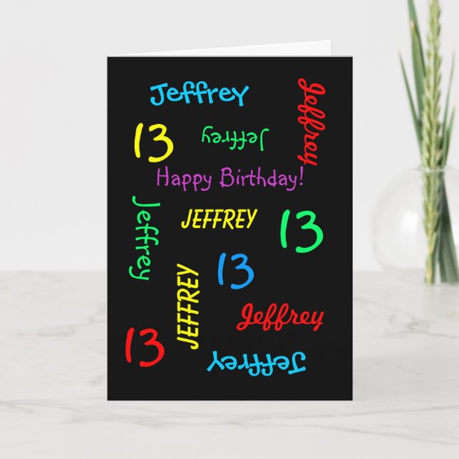 Personalised Name, 13th Birthday Black Greeting Card (Front)