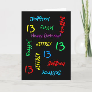 Personalised Name, 13th Birthday Black Greeting Card