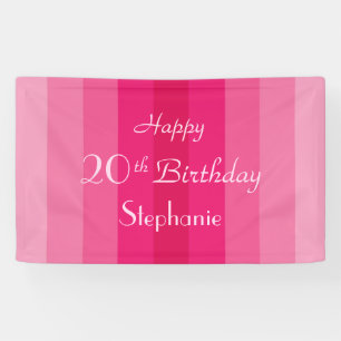 Personalised Name 20th 25th Birthday Pink Stripe Banner