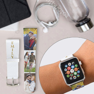 Personalised Name 3 Photo Strip Collage Gold White Apple Watch Band