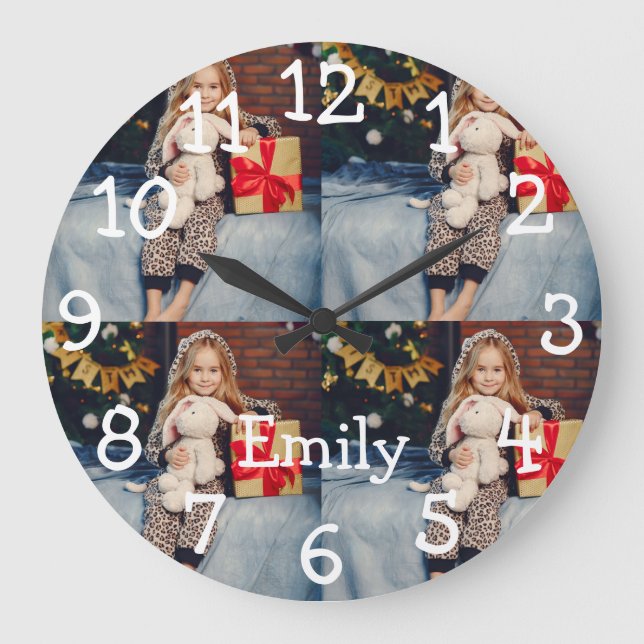 Personalised Name 4 Photos Collage Large Clock (Front)