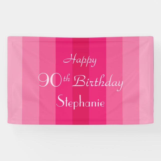 Personalised Name 90th Birthday Pink Stripes  Banner (Horizontal)