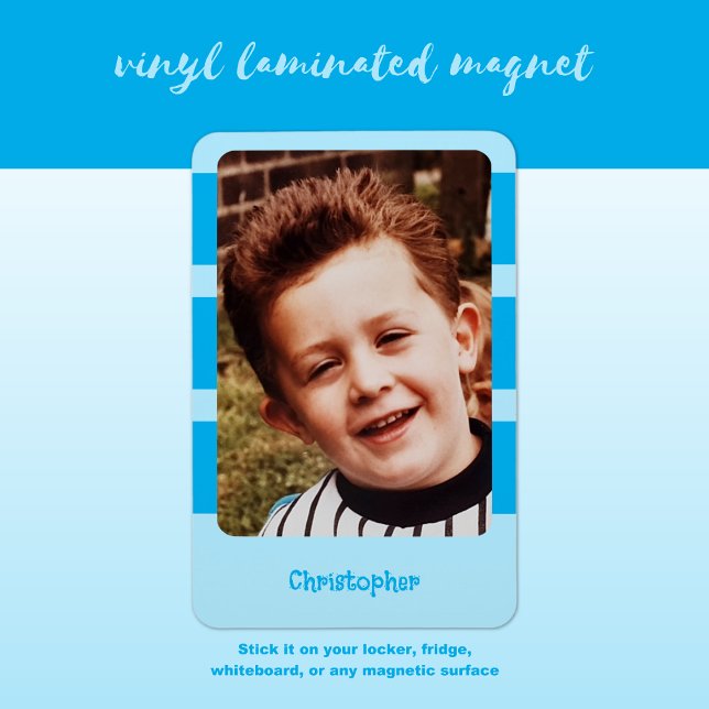 Personalised name add photo with blue stripes magnet (Creator Uploaded)