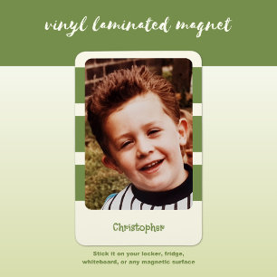 Personalised name add photo with green stripes magnet