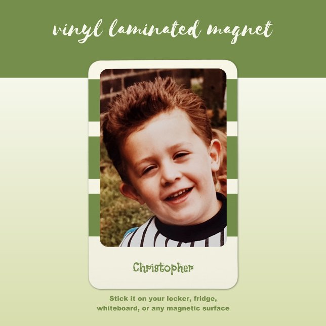 Personalised name add photo with green stripes magnet (Creator Uploaded)