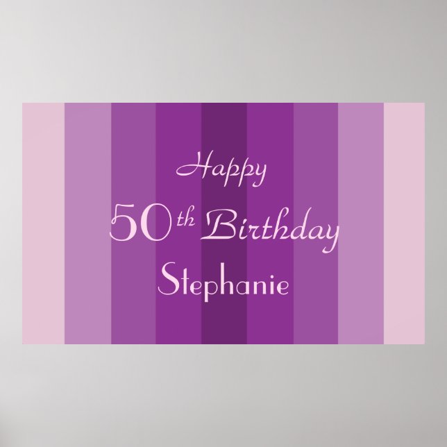 Personalised Name, Age 50th Birthday Purple Stripe Poster (Front)