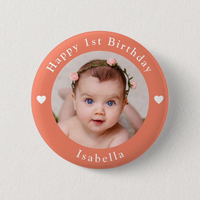 Personalised Name, Age And Photo Birthday Peach 6 Cm Round Badge (Front)
