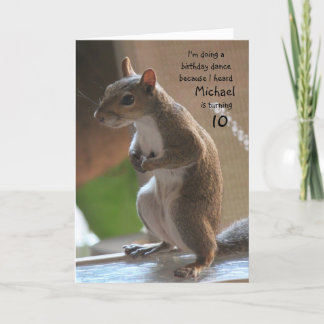 Personalised name/age birthday, dancing squirrel card