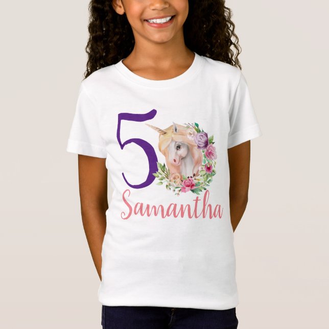 Personalised name Age Unicorn Floral T-Shirt (Front)