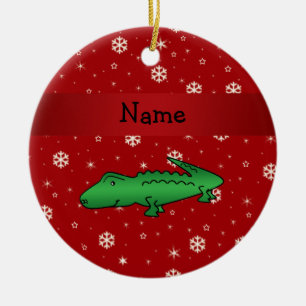 Personalised name alligator red snowflakes ceramic tree decoration