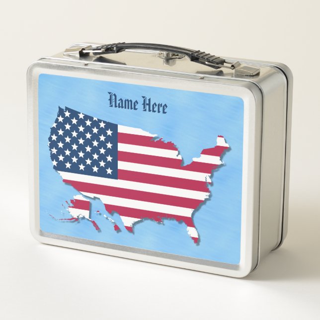 Personalised Name American Flag Map Sea Blue Metal Lunch Box (Back)