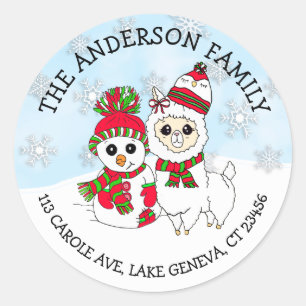 Personalised Name and Address Llama and Snowman Classic Round Sticker