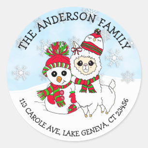 Personalised Name and Address Llama and Snowman Classic Round Sticker