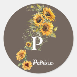 Personalised Name and Initial Sunflowers Yellow Classic Round Sticker