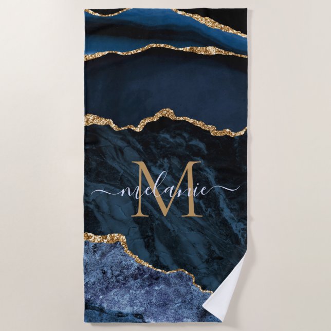 Personalised Name and Letter Navy Blue Gold Marble Beach Towel (Front)