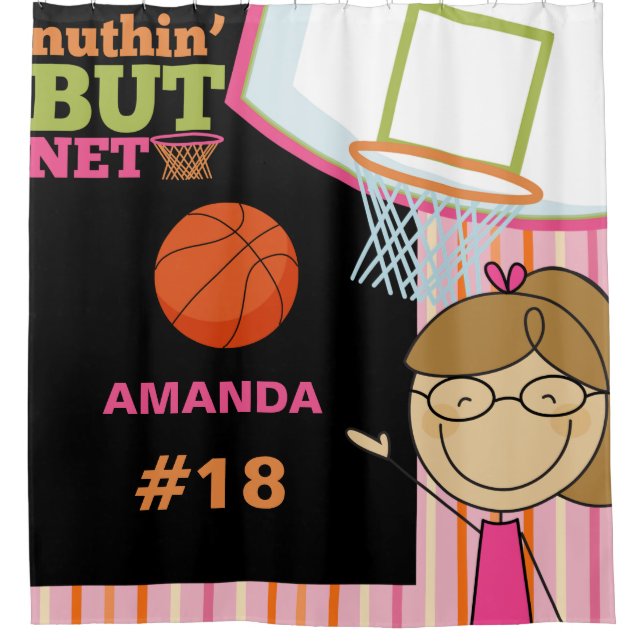 Personalised Name and Number Girls Basketball Shower Curtain (Front)