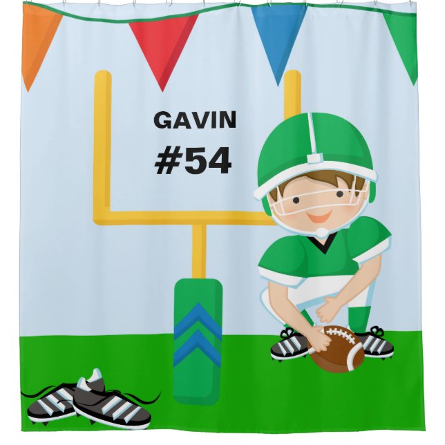 Personalised Name and Number Green Football Player Shower Curtain (Front)