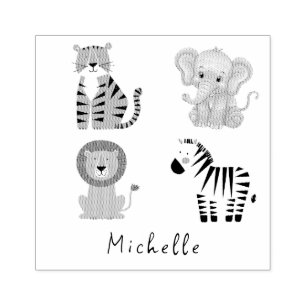 Personalised Name Animal elephant Tiger Lion Zebra Rubber Stamp