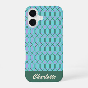 Personalised Name Aqua Blue Vintage Geometric  iPhone 16 Case