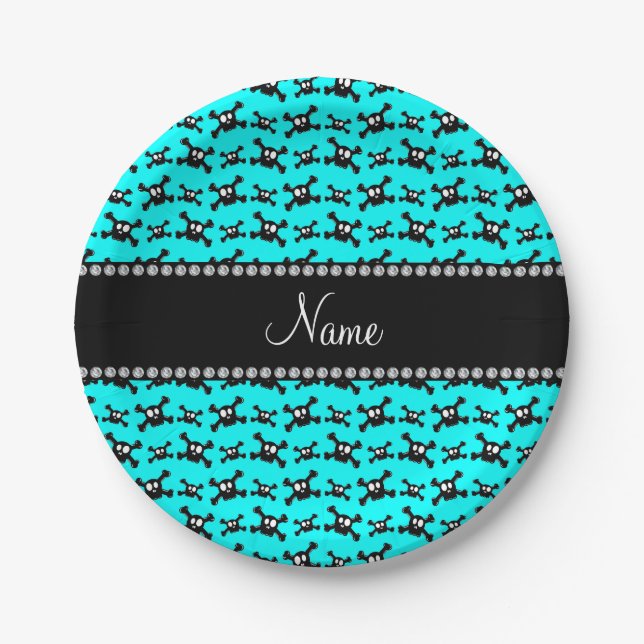 Personalised name aqua skulls pattern paper plate (Front)