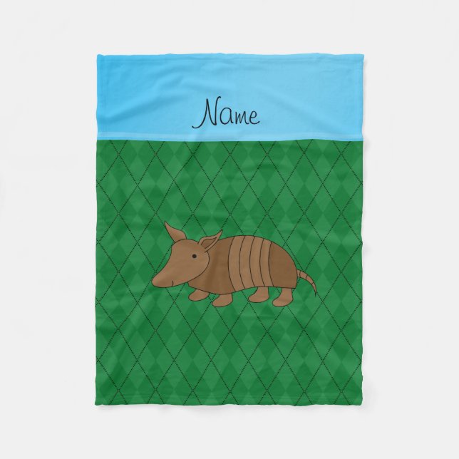 Personalised name armadillo green argyle fleece blanket (Front)