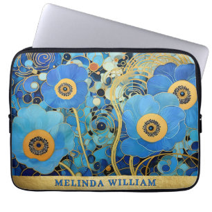 Personalised Name Art Blue Flowers Gold Abstract Laptop Sleeve