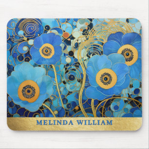 Personalised Name Art Blue Flowers Gold Abstract Mouse Pad