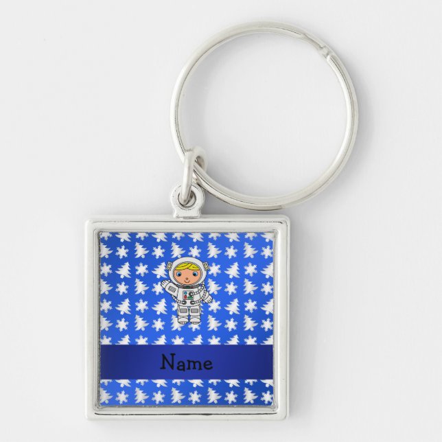 Personalised name astronaut blue snowflakes trees key ring (Front)