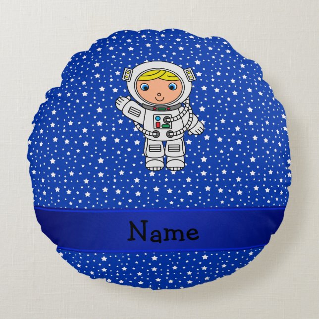 Personalised name astronaut blue stars round cushion (Front)