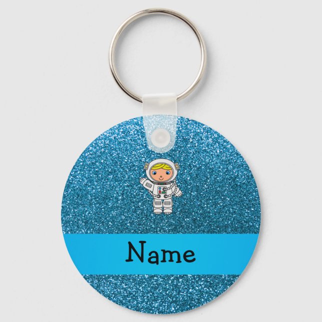 Personalised name astronaut sky blue glitter key ring (Front)