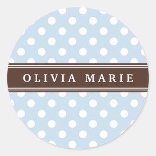 Personalised Name Baby Blue Polka Dots Pattern Classic Round Sticker