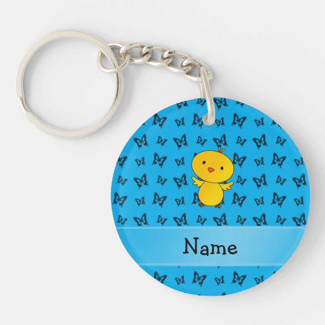 Personalised name baby chick blue butterflies key ring (Front)
