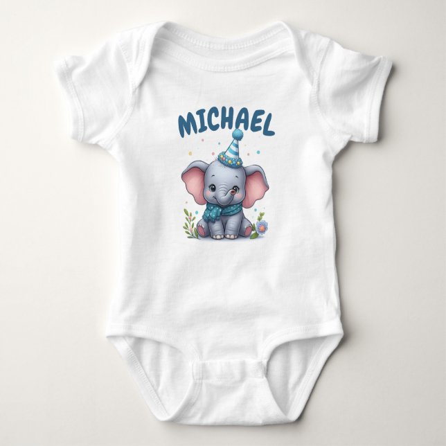 Personalised Name Baby Elephant Baby Bodysuit (Front)