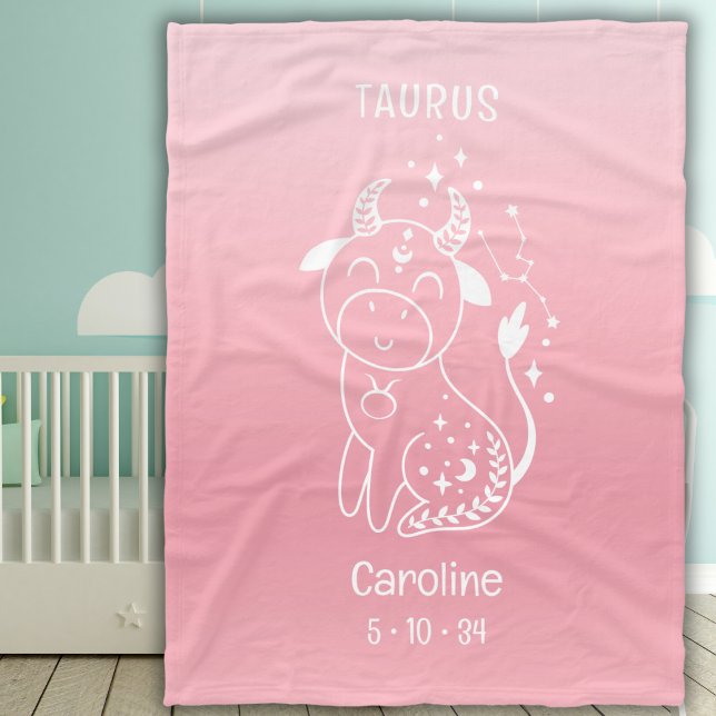 Personalised Name Baby Girl Taurus Zodiac Pink Fleece Blanket (Creator Uploaded)