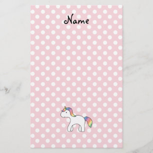 Personalised name baby unicorn pink polka dots stationery