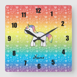 Personalised name baby unicorn rainbow hearts square wall clock