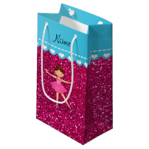 Personalised name ballerina neon hot pink glitter small gift bag