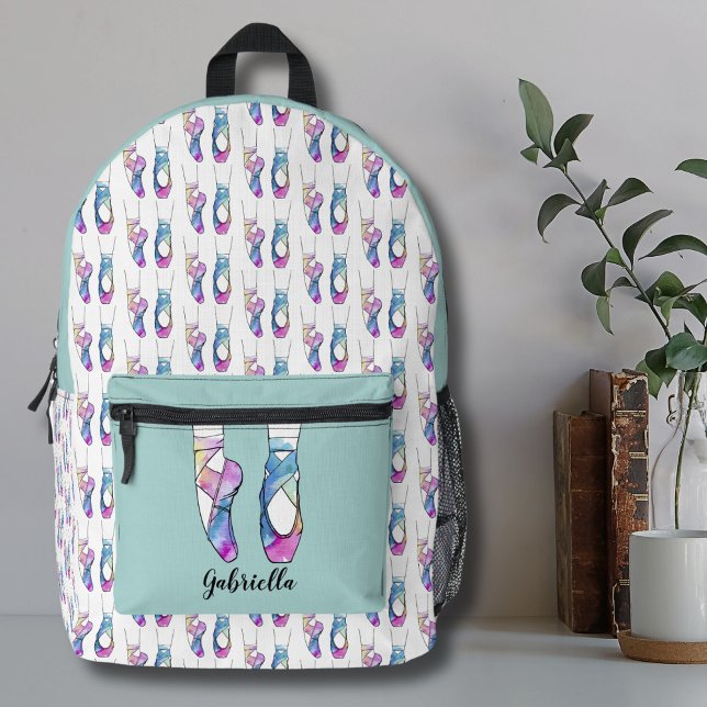 Personalised Name Ballet Printed Backpack (Cute Blue Pink Ballerina Shoes Watercolor Ballet Printed Backpack)