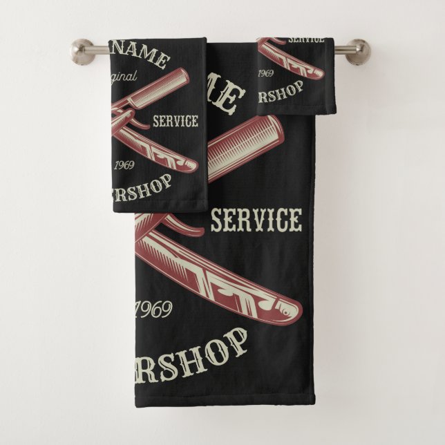 Personalised NAME Barber Straight Razor Barbershop Bath Towel Set (Insitu)