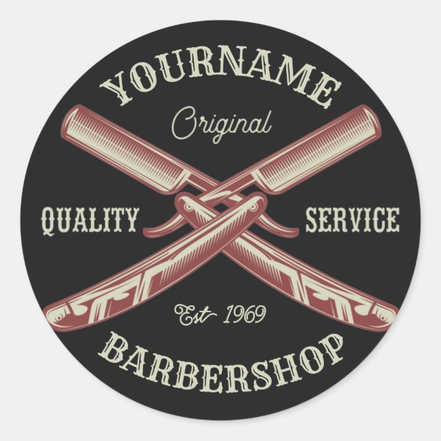 Personalised NAME Barber Straight Razor Barbershop Classic Round Sticker (Front)
