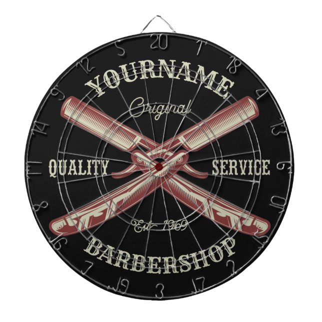 Personalised NAME Barber Straight Razor Barbershop Dartboard (Front)