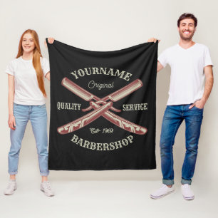 Personalised NAME Barber Straight Razor Barbershop Fleece Blanket