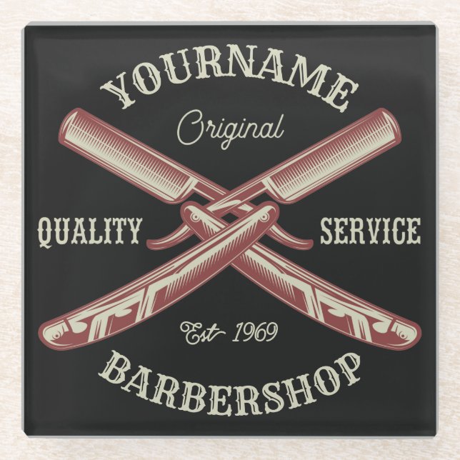 Personalised NAME Barber Straight Razor Barbershop Glass Coaster (Front)