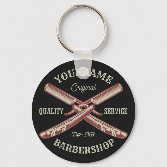 Personalised NAME Barber Straight Razor Barbershop Key Ring (Front)