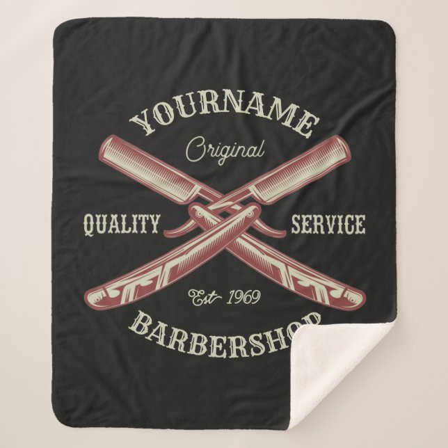 Personalised NAME Barber Straight Razor Barbershop Sherpa Blanket (Front)