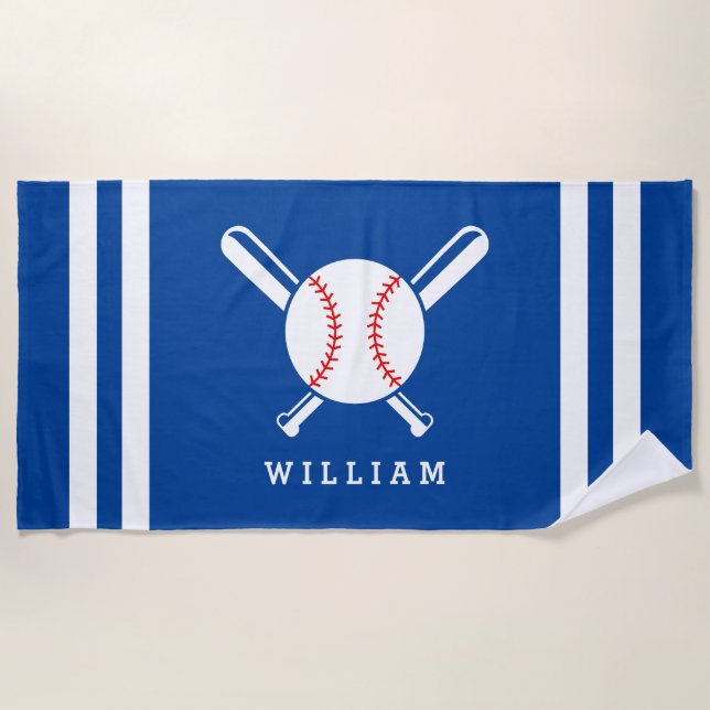 Personalised Name Baseball Deep Blue Stripes Beach Towel (Front)
