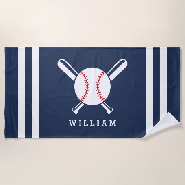 Personalised Name Baseball Navy Blue Stripes Beach Towel (Front)
