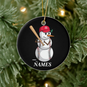 Personalised Name Baseball Snowman Balls Snow Xmas Ceramic Tree Decoration